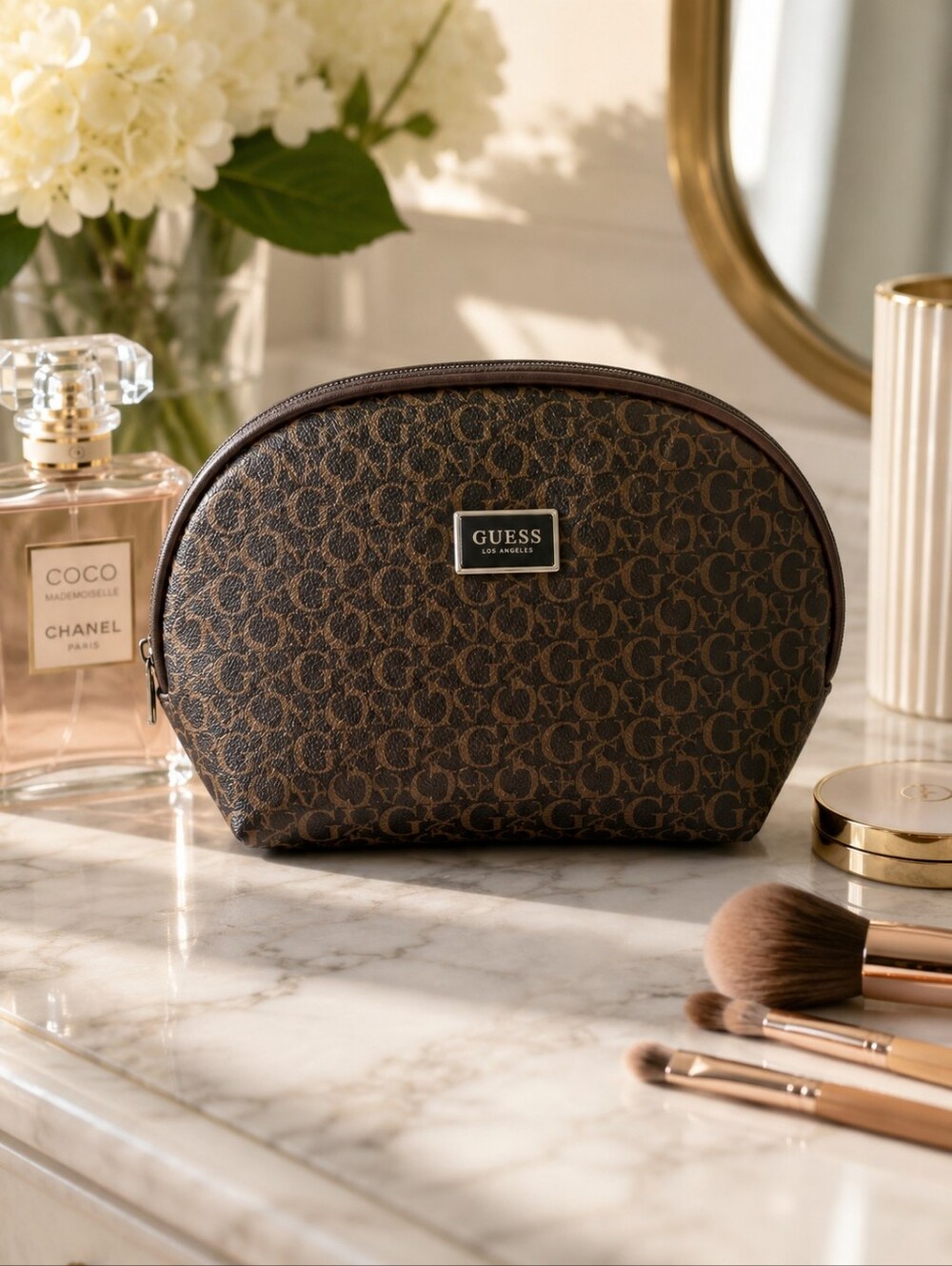 GUESS Brown Monogram Makeup Bag | Travel Cosmetic Case | Toiletry Organizer